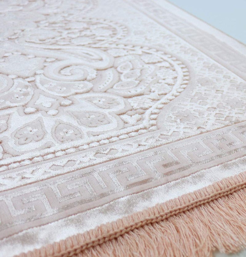 Modefa Luxury Velvet Prayer Rug with Prayer Beads | Soft Elegant Muslim Turkish Janamaz Sajada Carpet for Men and Women | Plain Solid Prayer Mat Ramadan Eid Gift - Paisley (Blush Pink) - Image 5